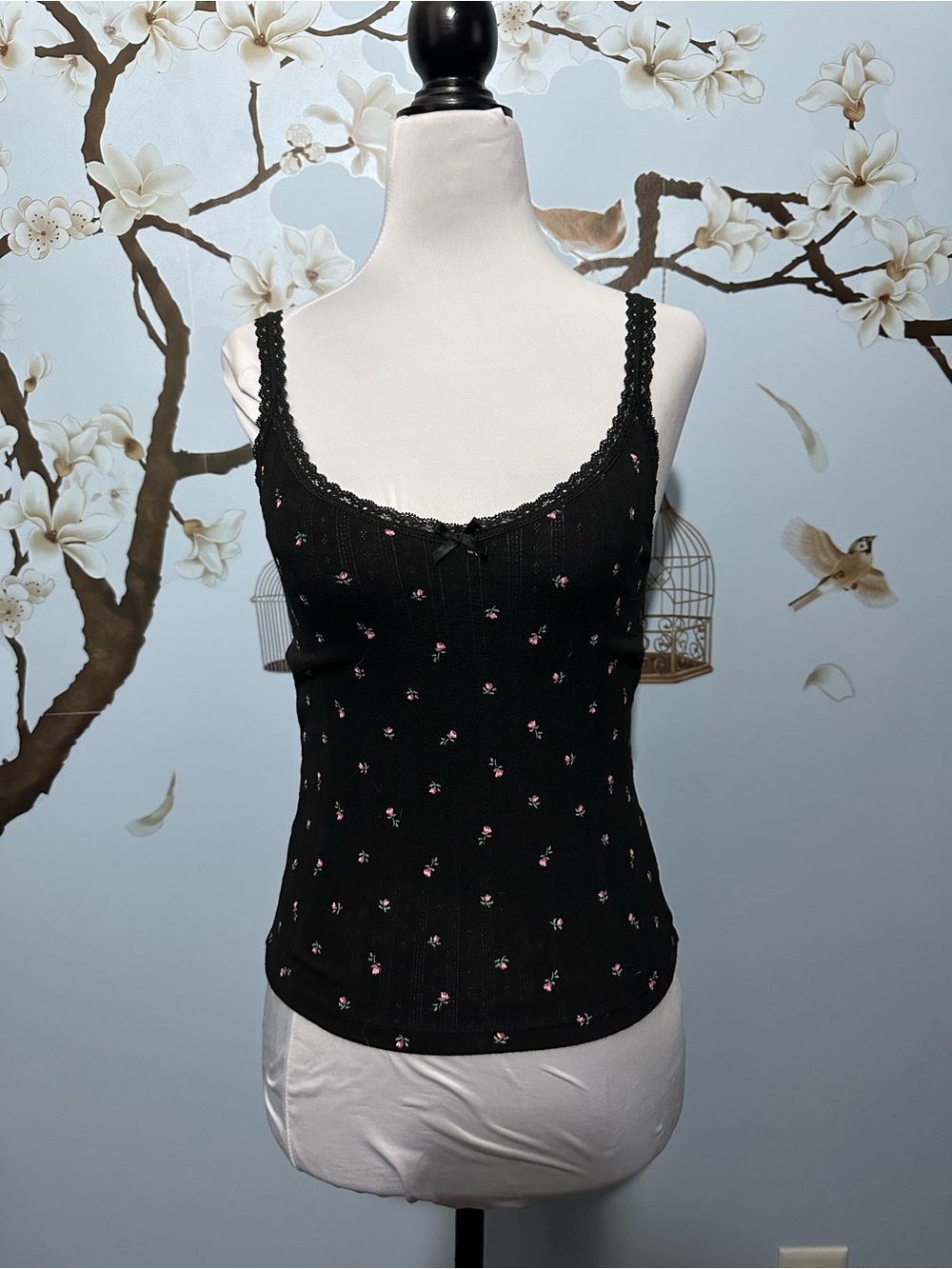 H&M Black Ribbed Cami with Pink Floral Print